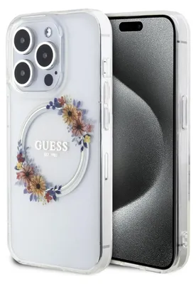 Produktbild von Guess GUHMP15LHFWFCT iPhone 15 Pro 6,1" transparentes Hardcase IML Flowers Wreatch MagSafe Schutzhülle