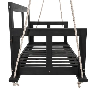 Produktbild von Merax Hängeschaukel Doppelsitz aus Akazienholz, Gartenschaukel mit Kissen, Gartenmöbel mit mit 4 Seile, Abnehmbar und Waschbar, Schwarz + Beige