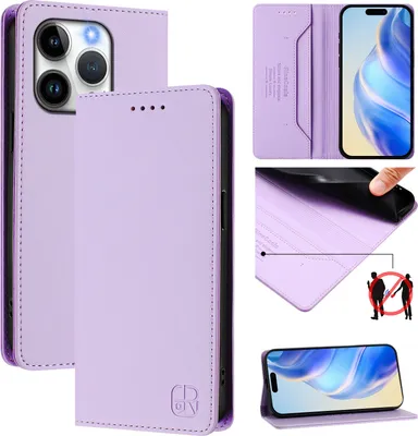 Obrázek produktu pro Kožené pouzdro pro iPhone 15 Pro, flipové pouzdro s přihrádkami na karty, peněženkou a stojánkem Fialový