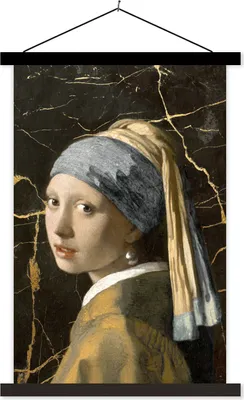 Produktbild von MuchoWow® Textilposter Mädchen mit einem Perlenohrring - Johannes Vermeer - Gold 60x90 cm mit schwarzem Rahmen - Poster Wohnzimmer