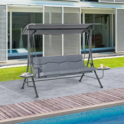 Produktbild von Hollywoodschaukel 3-Sitzer mit Sonnendach, Gartenschaukel Stahl, Teetisch, Polyester, Grau+Schwarz | 271x125x177 cm | bis 300 kg | wetterfest