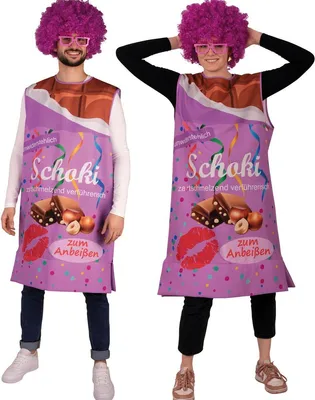 Schokoladen Kostüm Vernasch Mich Frau und Mann mit pinken Perücken von Vorne