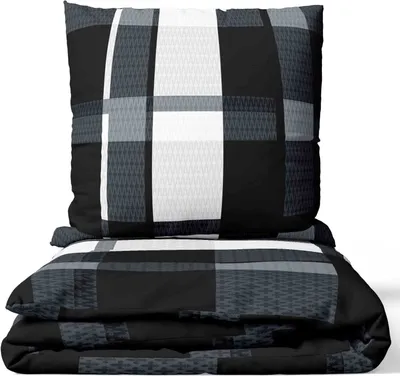 Produktbild von Mikrofaser Bettwäsche Set 135x200 cm in Schwarz Grau Weiß Kariertes Design mit Reißverschluss Pflegeleicht