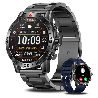 Image de Montre connectée pour homme avec fonction téléphone 2026 Noire ronde avec fréquence cardiaque, oxygène dans le sang  et surveillance du sommeil pour appareils Android et Apple Étanche