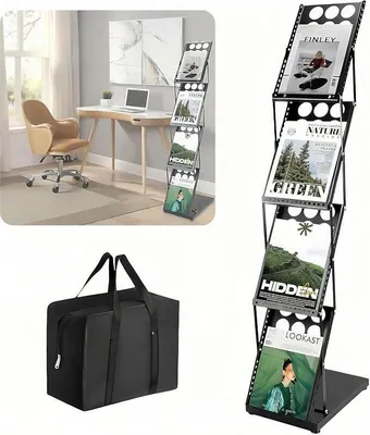Produktbild von A4 Faltbarer Prospektständer, tragbarer Zeitschriftenhalter mit Tragetasche, 4 Taschen, Literaturhalter, Buchständer, Bodenständer für Büro, Messe, Ausstellungen (Schwarz)