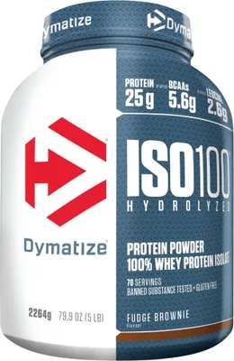 Produktbild von Dymatize ISO 100, Pulver, Hydrolisiertes Molkenprotein, Molkenprotein isoliert, Brownie, L-Alanin, L-Arginin, L-Asparaginsäure, L-Cystein, L-Glutaminsäure, L-Glycin, L-Histidin,..., Hydrolized whey protein isolate (milk) (46%), whey protein isolate (milk) (42%), fat reduced cocoa..., 25 g