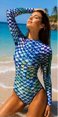 Immagine prodotto di Costume da bagno da donna a sirena taglia L/XL con stampa a squame di pesce costume da bagno da donna protezione UV costume da bagno a maniche lunghe per il nuoto surf immersione