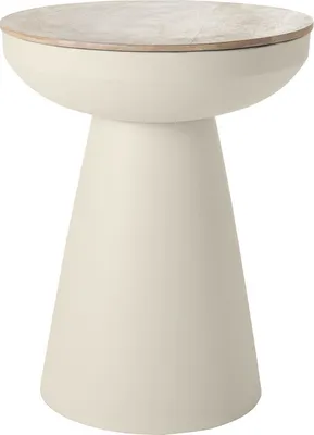 A beige side table with a wooden top is shown against a white background.