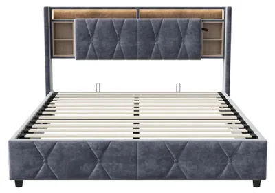 Produktbild von Doppelbett - Polsterbett 160×200 cm - Mit Stauraum - Holzrahmen - Gepolstertes Kopfteil - Stoffbezug - Dunkelgrau