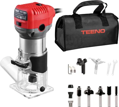 Produktbild von TEENO Holzfräse 710W 13000–33000 U/min mit Staubabsaugungsanschluss, 5 Stück 1/4" Fräsen Cuter, 6 Geschwindigkeiten, Spannzange 6MM, 6.35MM, 8MM