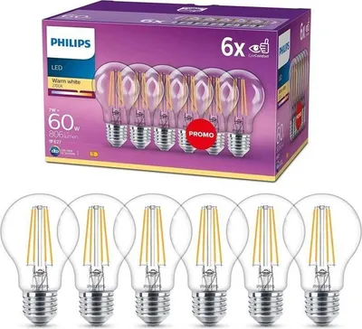 Obrázok produktu pre LED žiarovka Philips, E27, ekvivalent 60 W, teplá biela 2700 K, priehľadná, balenie po 6 kusoch, životnosť 15 000 hodín