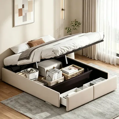 Productafbeelding van INONEFT Boxspringbed 140x200 cm, platformbed, tweepersoonsbed met opbergruimte, hydraulisch bed met 2 lades, eenpersoonsbed met lattenbodem, linnen, beige