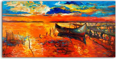 Produktbild von Coloray Canvas 140x70  Wandbild Leinwand Bilder Sonnenuntergang Malerei Boote und Pier