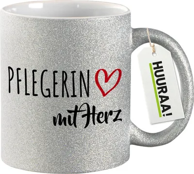 Produktbild von Huuraa Glitzertasse Pflegerin mit Herz 330ml Silber Keramik Kaffeebecher Geschenkidee