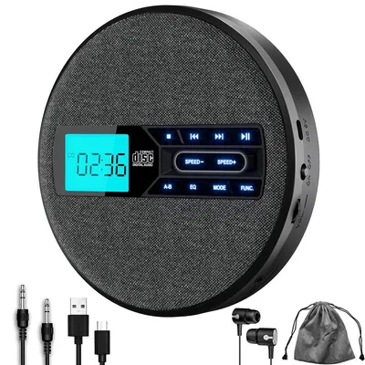 Produktbild von CD Player mit Lautsprecher, wiederaufladbarer tragbarer CD Spieler mit USB AUX, LCD Display und 5 Equalizer Modi, ideal für Zuhause, Kinder und Hörbücher