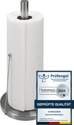 Image de Porte-rouleau de papier essuie-tout sur pied VonBueren 32 x 15 cm | Acier inoxydable | Porte-rouleau de papier essuie-tout argenté | Porte-rouleau pour la cuisine : rangement et organisation | Support pour rouleau de papier essuie-tout