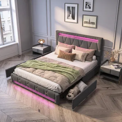 Zdjęcie produktu dla Łóżko tapicerowane INONEFT, 140x200 cm, z 4 szufladami, regulowanym zagłówkiem, podwójne łóżko z oświetleniem LED i stelażem, funkcjonalne łóżko z pojemnikiem na pościel, obite tkaniną