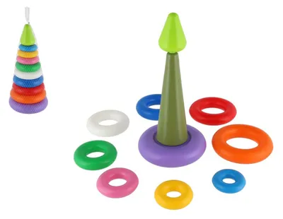 Produktbild von Pyramiden-Stapelspiel mit Ringen, aus Kunststoff, 2 Farben, in einem Netzbeutel, 15x31 cm, ab 12 Monaten