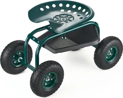 Image de Chariot de jardin roulant avec siège pivotant, roues tout-terrain, plateau à outils, capacité de charge de 300 lb