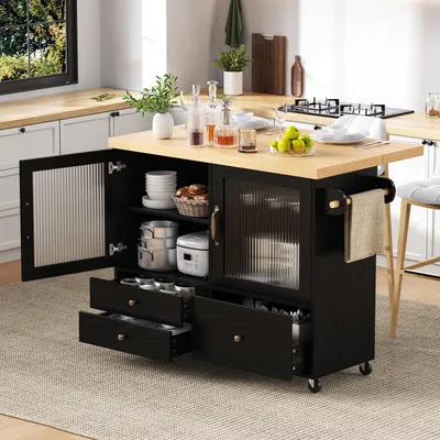 Immagine prodotto di Fortuna Lai Isola cucina mobile con rotelle e tavolo da pranzo estraibile, carrello da cucina con portabicchieri e spazio di archiviazione,  ideale per cucina e sala da pranzo   (nero)