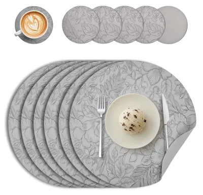 Immagine prodotto di Set di 6 tovagliette lavabili, effetto pelle, colore grigio, dimensioni 34x34 cm. Include anche 6 sottobicchieri, dimensioni 10x10 cm