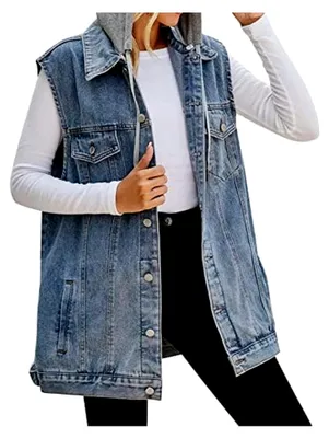 Produktbild von Damen Oversized Denim Weste mit Kapuze und Ärmellos im Mid-Long Schnitt