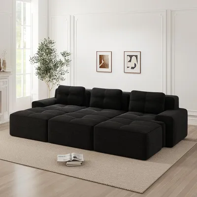 Produktbild von Rahmenloses modulares Ecksofa mit Schlaffunktion & 3 Hockern, weicher Cordstoff, bequemer 3-Sitzer für Wohnzimmer, Schwarz