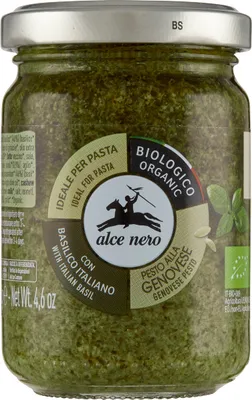 Produktbild von Alce Nero Pesto alla Genovese 130 g, Pesto Soße, 130 g, Basilikum*(41,4%), Sonnenblumenöl*, natives Olivenöl extra* (10%), Cashewkerne*, Salz,..., 467 kJ, 192 kcal, 2,7 g