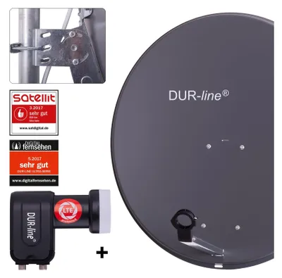 A satellite dish and LNB are shown against a white background, with various certifications and labels.
