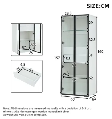 Immagine prodotto di Vetrina – Mobile per soggiorno – 2 cassetti – 60 x 40 x 160 cm – Illuminazione a LED – Ante in vetro – Sensori intelligenti – Bianco