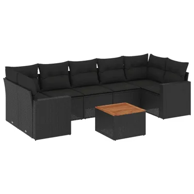 Produktbild von 8-teiliges Garten-Loungeset, modulares Sofa mit Kissen, UV-beständiges Poly Rattan, Akazienholz-Tischplatte, Schwarz