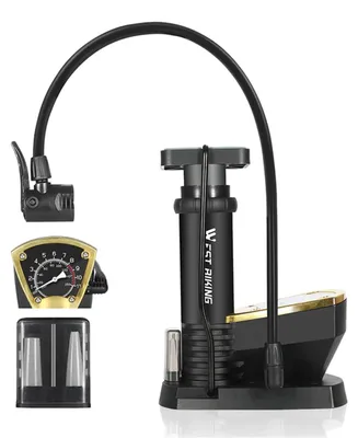 Produktbild von Tragbare Fahrrad Pumpe mit Manometer, bis 9,65 bar / 140 PSI, Multiventil & Ballnadel – Schwarz