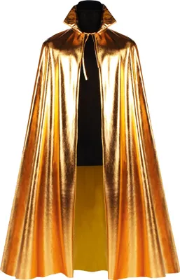 A gold cape displayed on a mannequin against a white background.