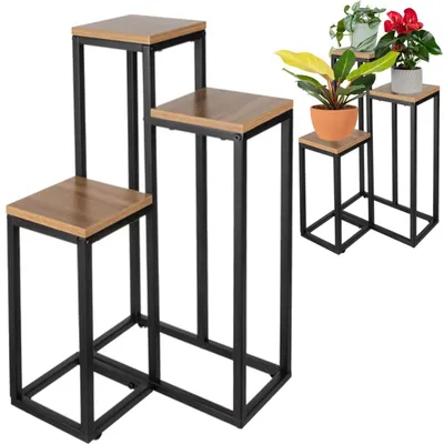 Zdjęcie produktu dla Kwietnik stojący metalowy loftowy industrialny stojak na kwiaty 3 półki czarny metal MDF do salonu balkon biuro