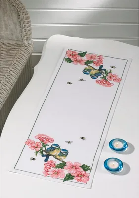 Produktbild von Permin Tischläufer Kreuzstich Stickpackung "Blumen Meise", Zählmuster, 33x87cm, 68-6119