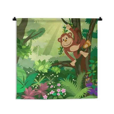 Produktbild von MuchoWow® Wandteppich Wandbehang Affe - Dschungel - Jungen - Mädchen - Blumen - Kinder 120x120 cm Tapisserie Dekoration Wandtuch - Modern - Baumwollgewebe