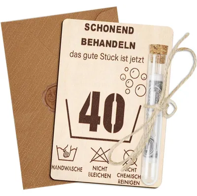 Productafbeelding van Cadeauset voor 40e verjaardag: geldcadeau, houten kaart, reageerbuis, envelop, touw van hennep