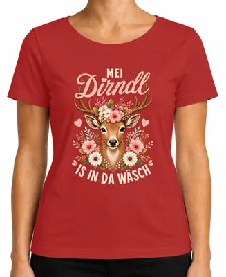 Produktbild von Mei Dirndl is in da Wäsch Reh Kitz Blumen Trachtenshirt Lederhose Damen T-Shirt, Rot, L