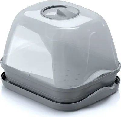 A gray and transparent plastic tabletop greenhouse with a clear dome lid and a tray.