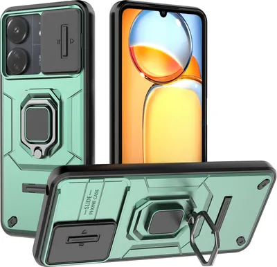 Produktbild von Hülle für Xiaomi Redmi 13C 4G/Poco C65 Dual Layer Handyhülle Schiebe Kamera Schutz und Ringhalter Ständer Grün
