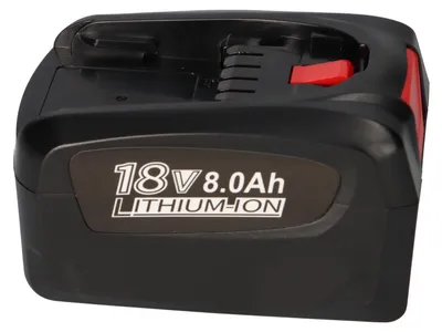 A black battery pack with red accents is shown against a white background.
