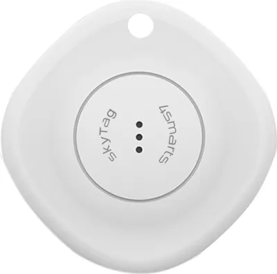 A white Bluetooth tracker with text on it.