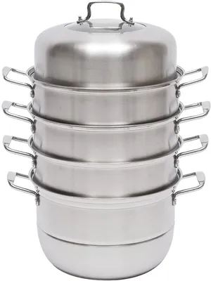 A stack of stainless steel steaming pots with a lid.