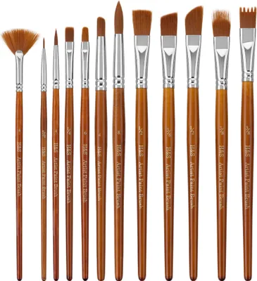 Produktbild von H&S Pinselset Acrylfarben Aquarell und Ölfarben - 12er Set Pinsel - Flache und runde Aquarellpinsel zum Malen - Künstler Zubehör aus synthetischem