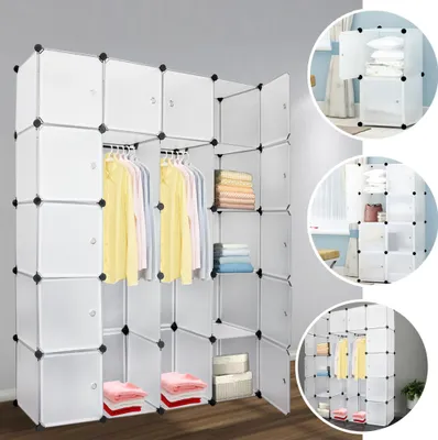 Produktbild von TolleTour DIY Regalsystem Kleiderschrank 20 Boxen Kunststoff Kleiderschrank Garderobenschrank 180x142x37cm Weiß Mit Tür