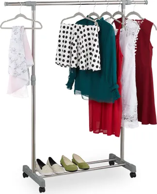Produktbild von Relaxdays Kleiderständer auf Rollen, mit Kleiderstange & Ablage, verstellbar: Höhe 95-165 cm, Breite 94-160 cm , silber