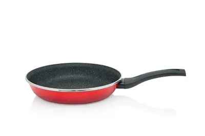 A red frying pan with a black handle is shown on a white background.