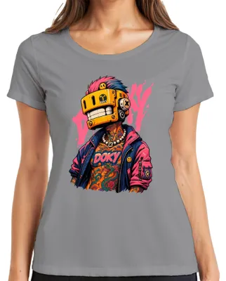 Produktbild von Doky Cyberpunk Roboter Maske Tattoo Drache Urban Japan Y2K Retro Damen T-Shirt, Grau, 3XL