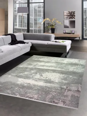 Produktbild von Wollteppich Luxus Teppich abstrakt mit Naturfasern grau creme Größe - 80 x 300 cm