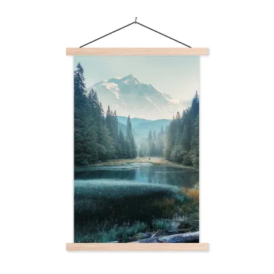 Produktbild von MuchoWow® Textilposter Wald - Gras - Berge - Bäume - Natur 40x60 cm mit holzfarbenen Rahmen - Poster
